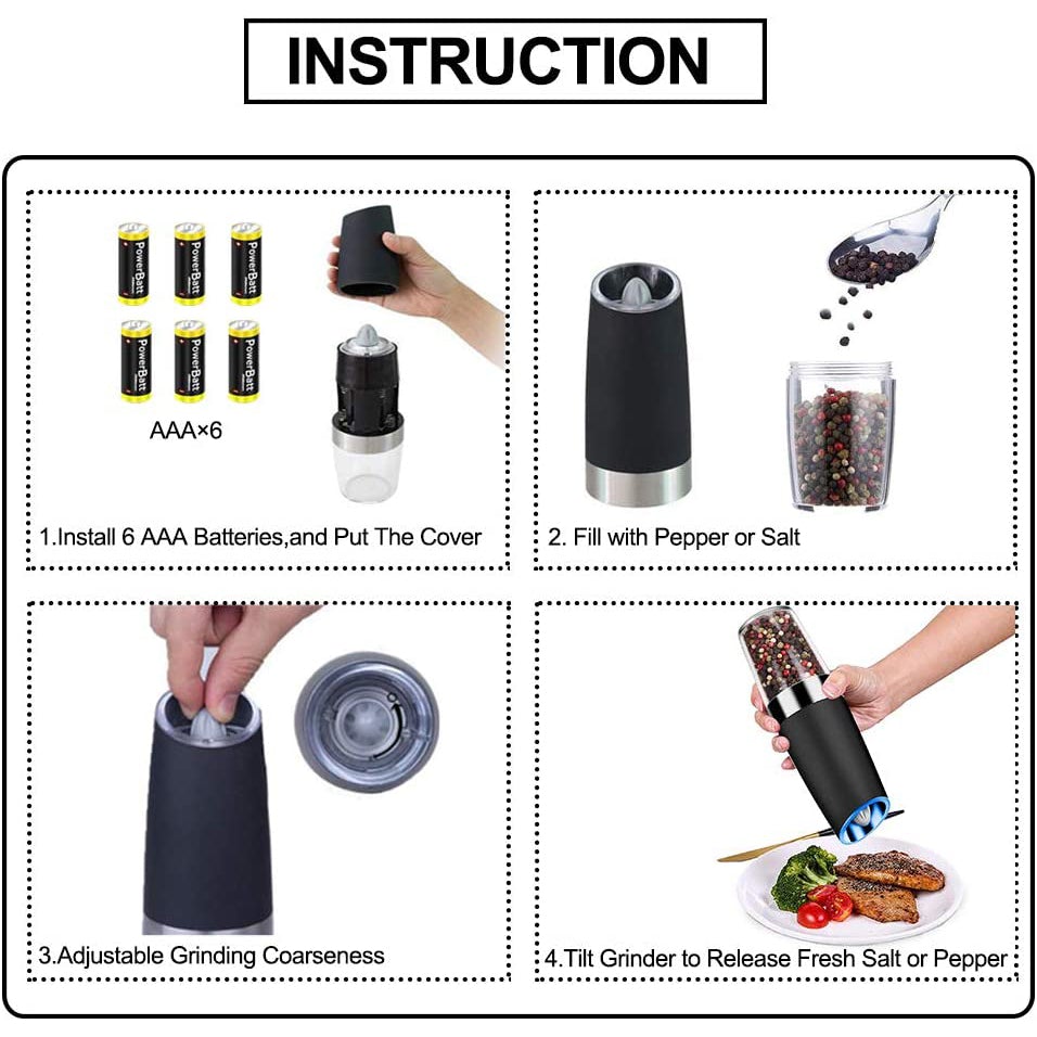 2-Pack: Gravity Electric Salt Pepper Grinder