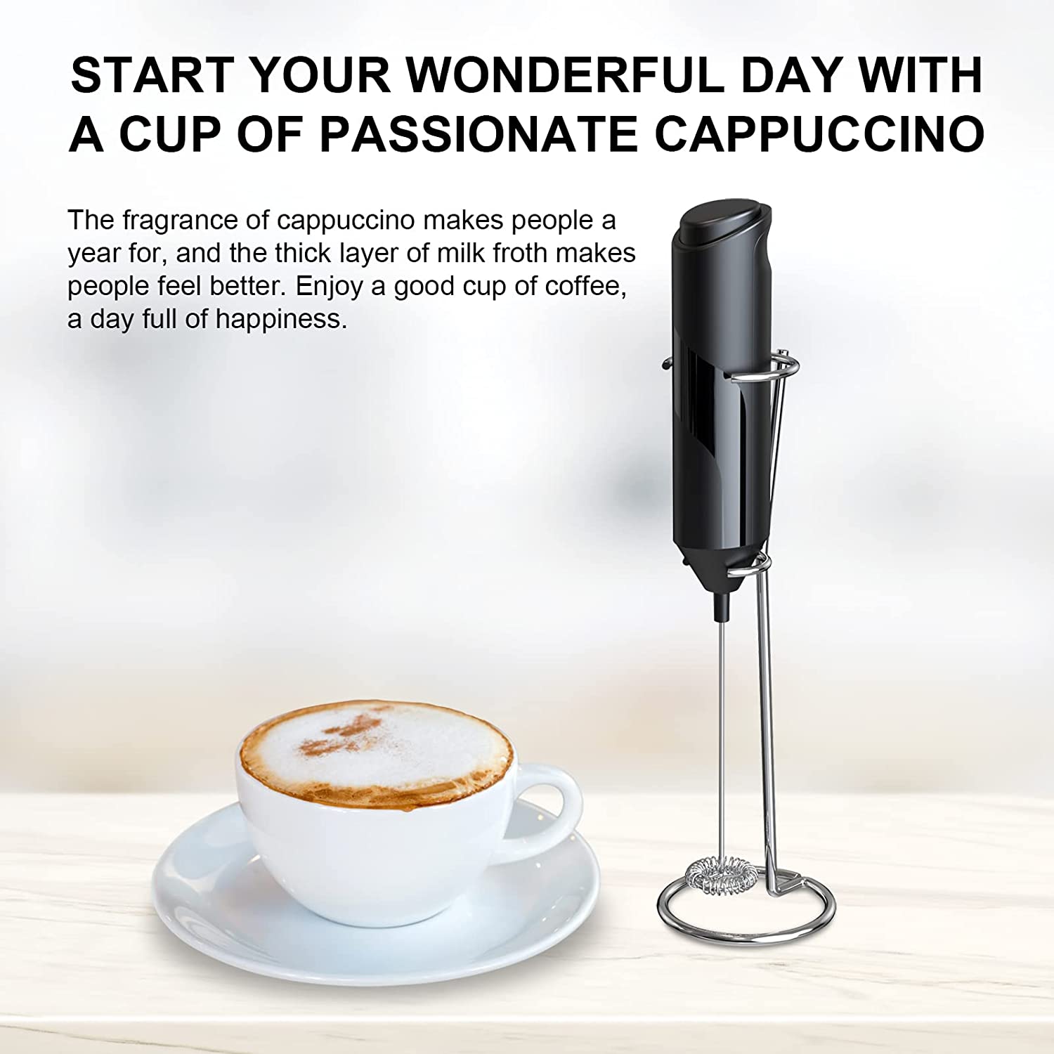 Electric Milk Frother Handheld with Stainless Steel Stand