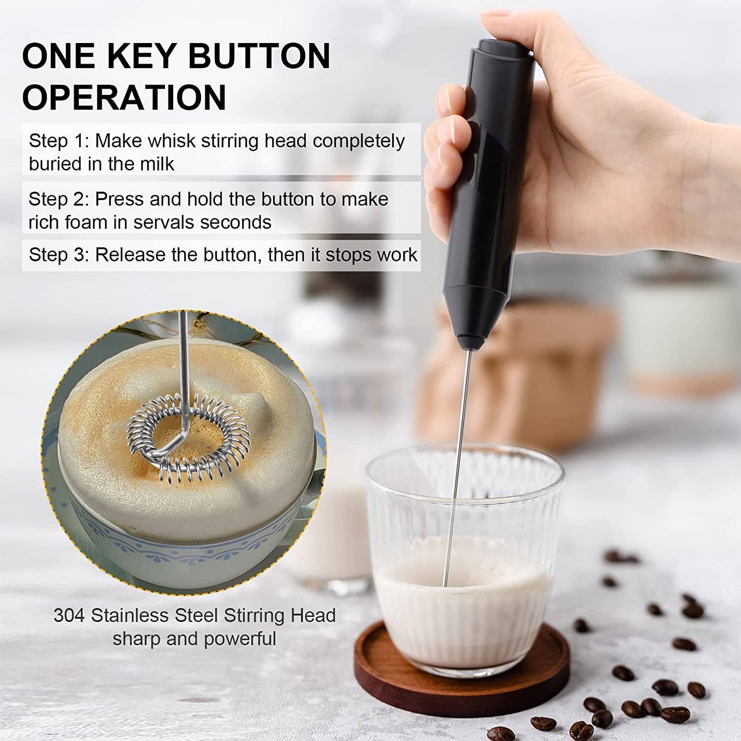 Electric Milk Frother Handheld with Stainless Steel Stand